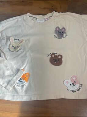 Zara Cream Long-Sleeve Top with Cute Animal Embroidered Patches 3-4
